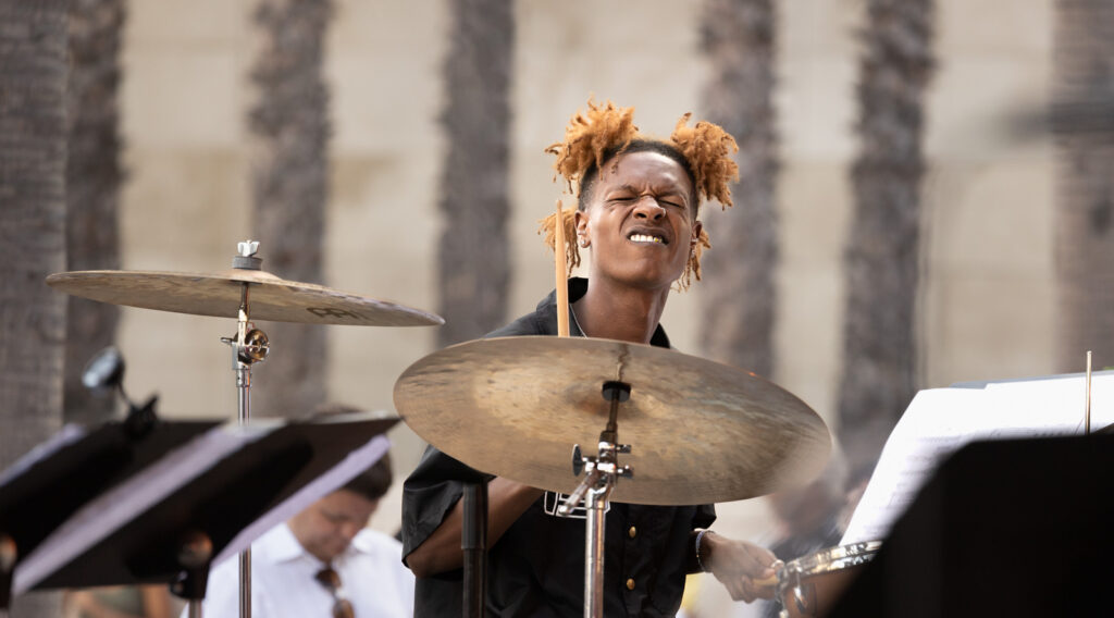 Drummer Myles Martin at LACMA's outdoor jazz series in Los Angeles